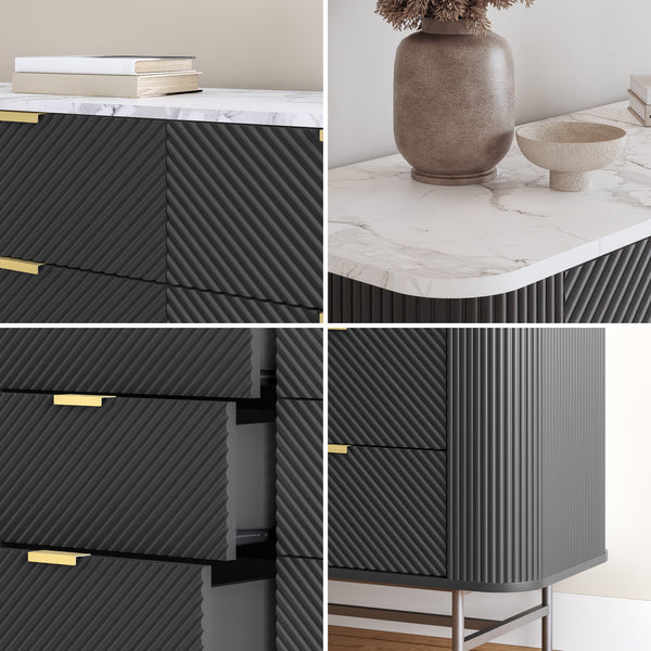 Comoda cu 6 sertare Olvehok 81x120x40 cm alb marmorat/negru [en.casa] 