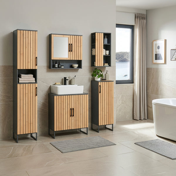 Dulap midi baie cu front din bambus si 3 spatii interioare Svanes 90x30x30 cm gri inchis/natur [en.casa]