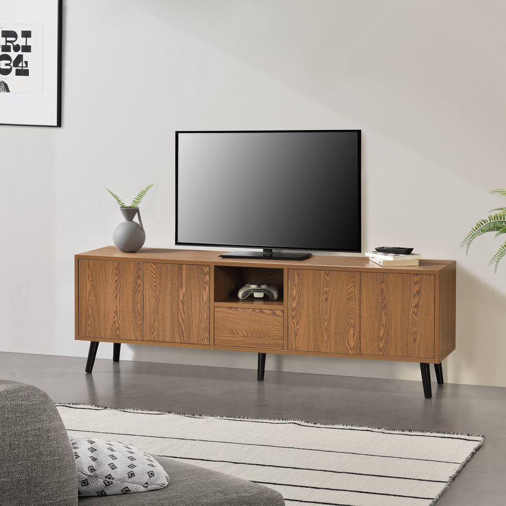 Comoda TV Hedemora cu 5 usi efect lemn nuanta inchisa [en.casa] 