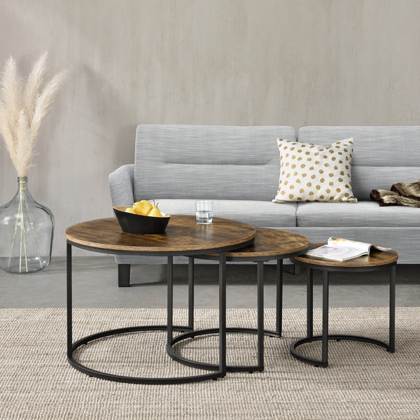 Set trei masute cafea masuri diferite Arvidsjaur cadru otel blat efect lemn nuanta inchisa [en.casa]