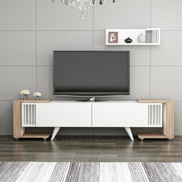 Set mobilier 4 componente suport TV cu raft si 2 mese laterale Glostrup alb stejar [en.casa]