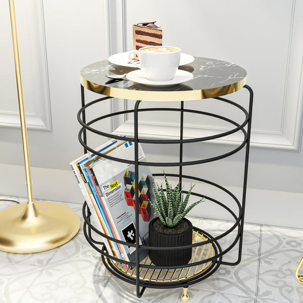 Masuta living rotunda Padasjoki 55x40cm negru auriu negru efect marmura [en.casa]