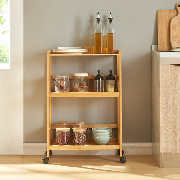 Carucior servire cu 3 rafturi Huddinge 80x53x30cm bambus natur [en.casa]