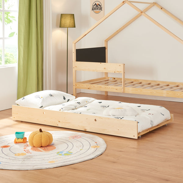 Pat casuta copii cu pat extensibil 200x90cm 100kg natur negru [en.casa]