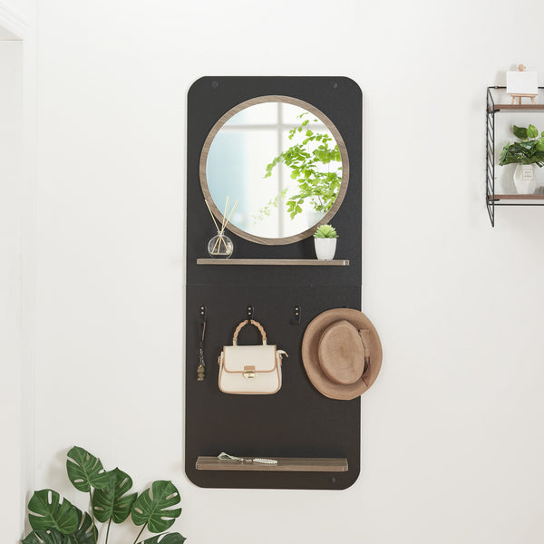 Cuier panou perete hol cu oglinda Helsinge 140x59,5x16cm negru/efect lemn [en.casa]