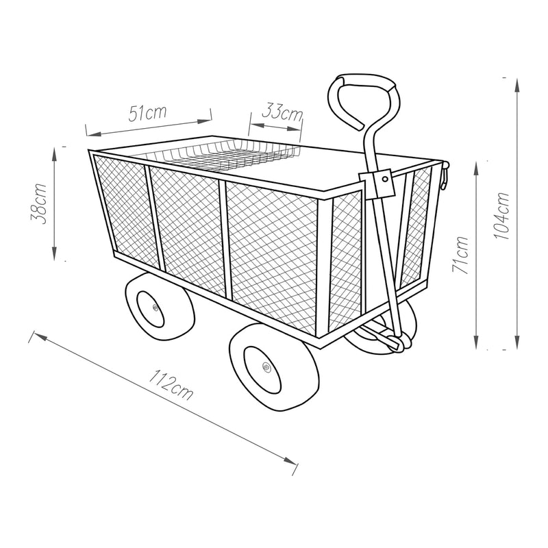 Schiță cotată Carucior gradina cu pereti mobili si zavor Corropoli 112x51cm 550kg otel negru galben [pro.tec]