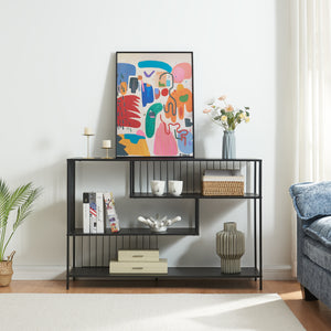 Masa consola cu 3 rafturi Oxelösund 120x33x80cm metal PAL negru [en.casa]