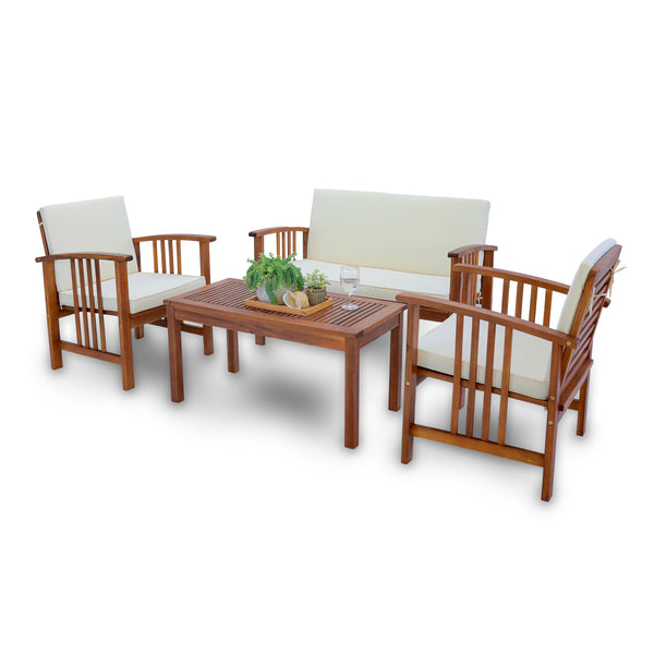 Set masa cu 1 banca si 2 scaune gradina Brissogne lemn efect lemn bej [en.casa]