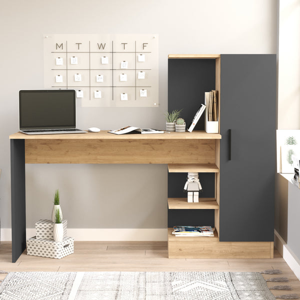 Birou cu dulap si rafturi Varhalo 120x152,5x40cm efect stejar antracit [en.casa]
