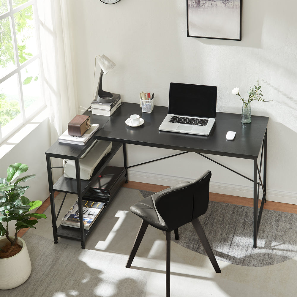 Schreibtisch Raundsvalt mit 1 Regal L - förmig 137x88x75 cm Schwarz [en.casa] - premiumXL
