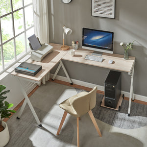 Birou cu suport PC Tarielarg 158x120x75 cm alb/efect lemn stejar [en.casa]