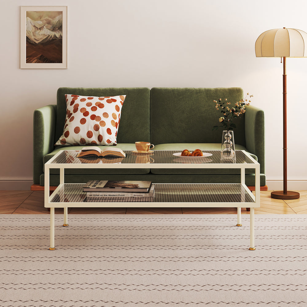 Couchtisch Lindau Stahl mit Glasplatte 100x50x46 cm Cremeweiß [en.casa] - premiumXL