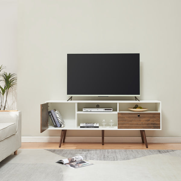 Comoda TV cu usa si sertar Vare 165x40x65 cm alb/efect nuc [en.casa]
