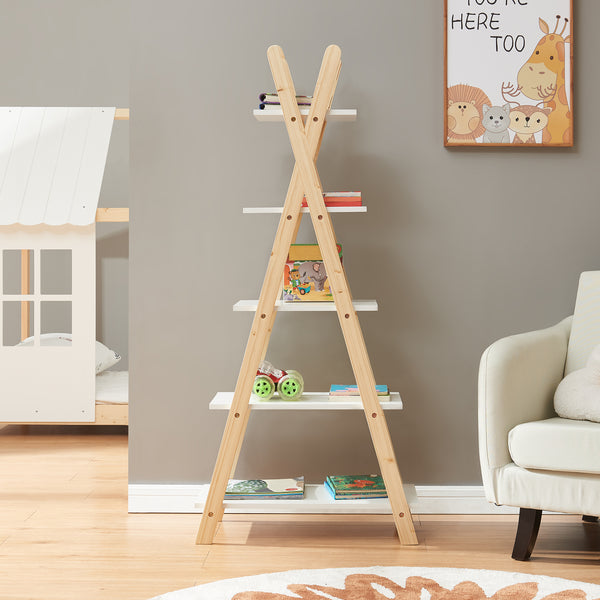 Raft carti design cort copii Vanlilu 145x65x32 cm natur/alb [en.casa]