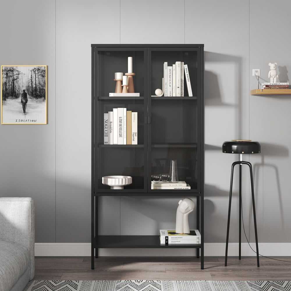 Vitrina Borshavisa 160x80x35 cm otel negru cu 2 usi si 1 raft [en.casa]