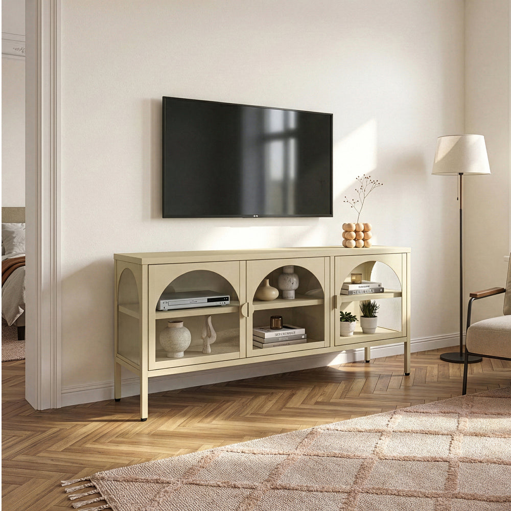 Vitrina cu 3 usi sticla Klippestad 118x35x55 cm camel [en.casa]