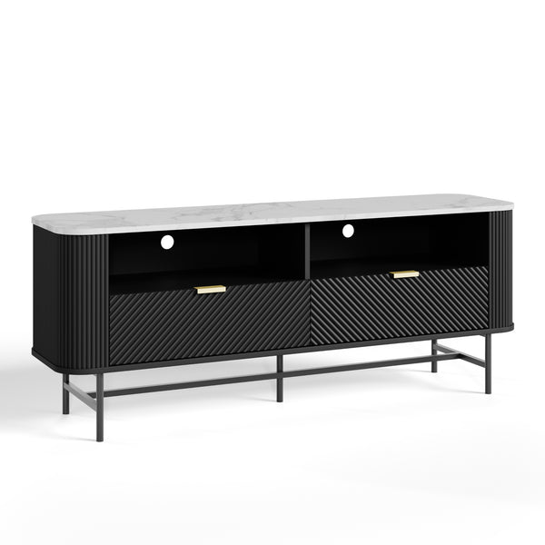 Comoda TV cu sertare si rafturi Olvehok 140x40x55 cm alb marmorat/negru [en.casa]