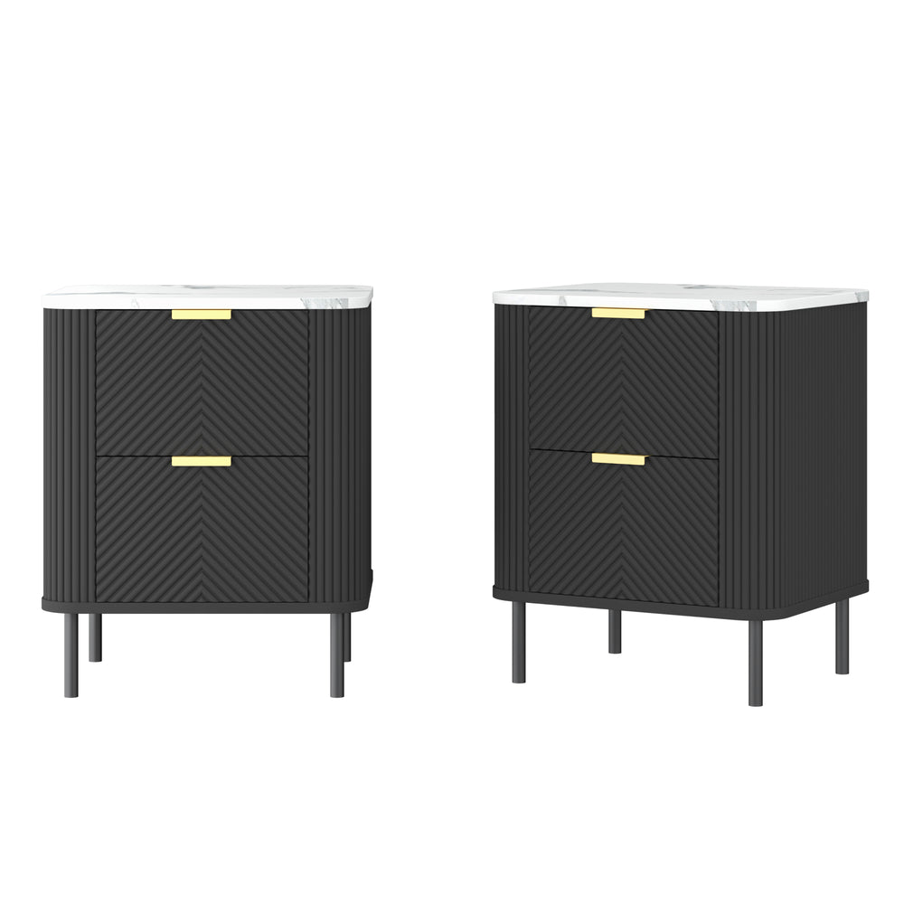 Set 2 buc noptiera cu sertare Olvehok 55x52x38 cm albmarmorat/negru [en.casa]
