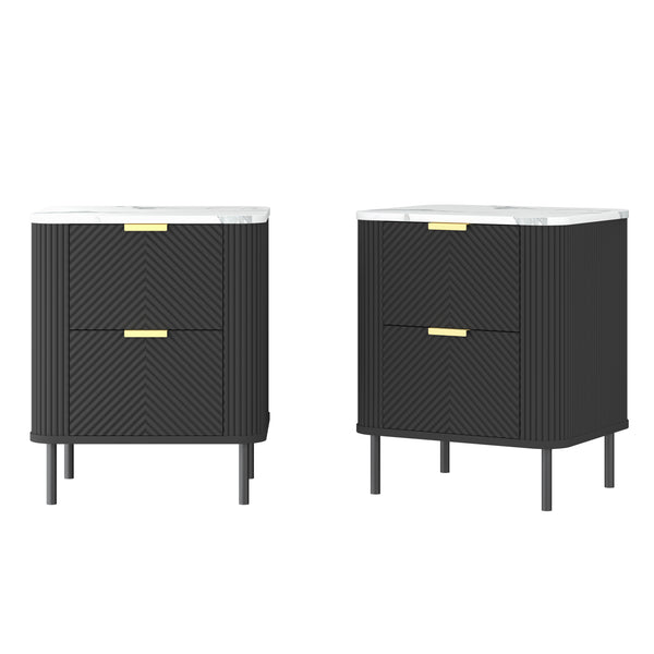 Set 2 buc noptiera cu sertare Olvehok 55x52x38 cm albmarmorat/negru [en.casa]