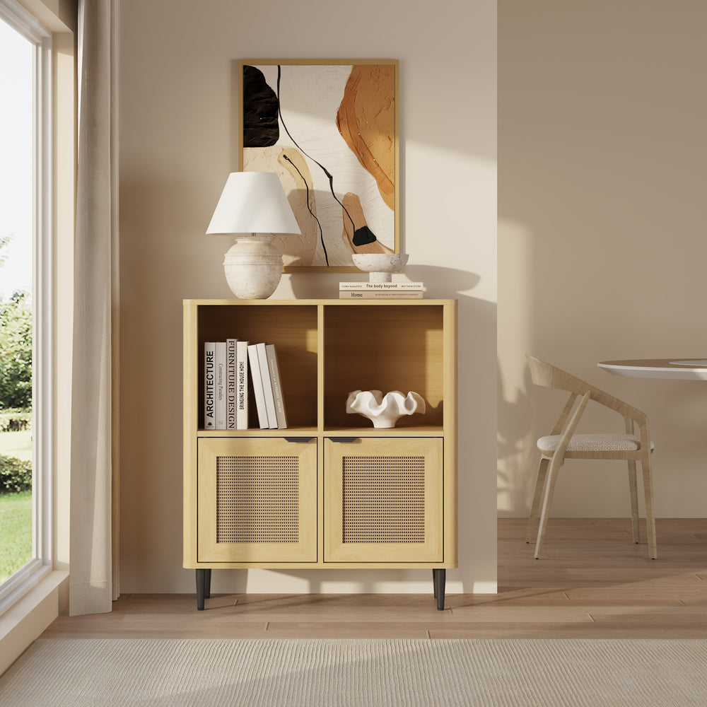 Comoda cu 2 usi si 2 rafturi Lukhomso 85x75x30 cm efect stejar/efect ratan/negru [en.casa]