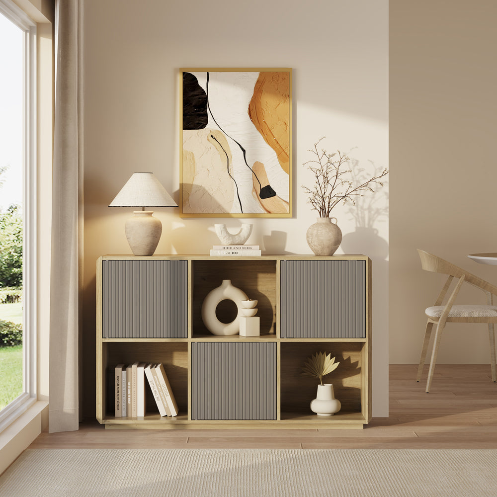 Comoda cu 3 usi si 3 rafturi Trömi 75x120x30 cm efect stejar/gri [en.casa]