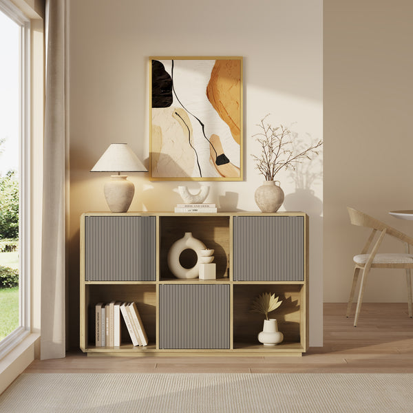 Comoda cu 3 usi si 3 rafturi Trömi 75x120x30 cm efect stejar/gri [en.casa]