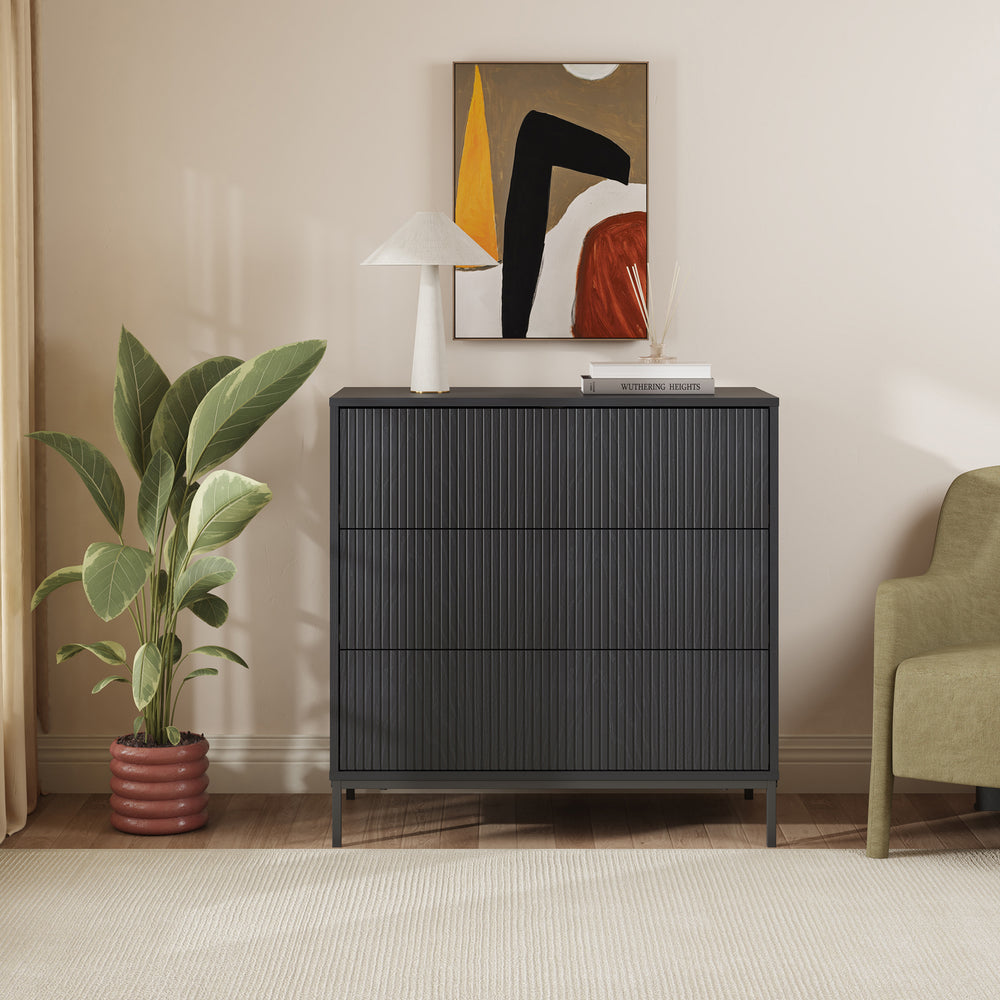 Comoda cu 3 sertare Nykapin 80x80x40 MDF negru structurat [en.casa]
