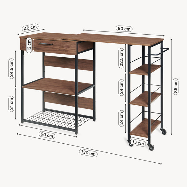 Sistem raft extensibil pe roti cu blat de lucru rotativ Kirhuskyna 130x40x85 cm negru/efect lemn nuc [en.casa]