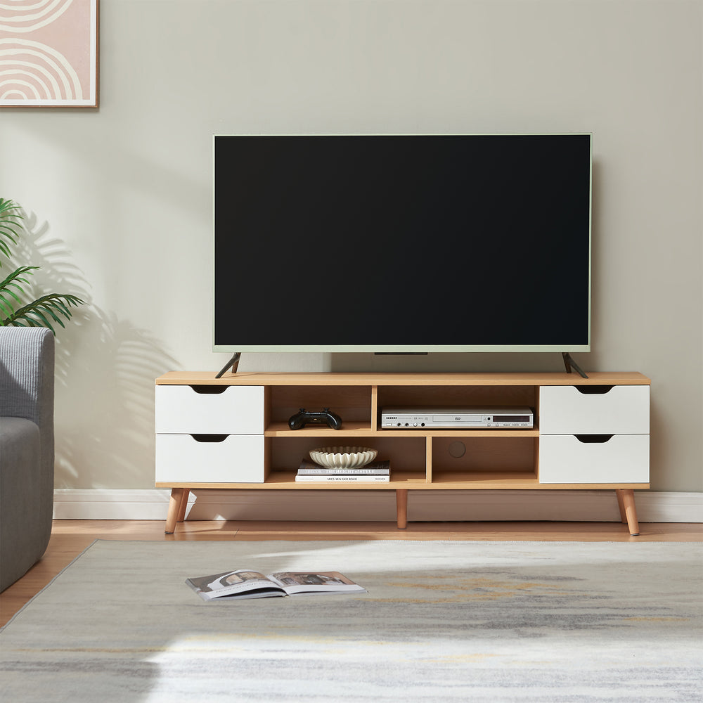 Comoda TV Bordkak 140x30x45 efect stejar/alb cu 4 sertare si 4 rafturi [en.casa]