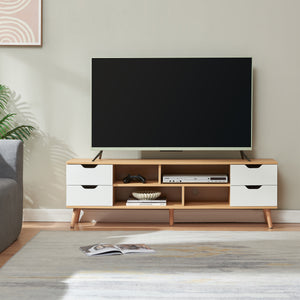 Comoda TV Bordkak 140x30x45 efect stejar/alb cu 4 sertare si 4 rafturi [en.casa]