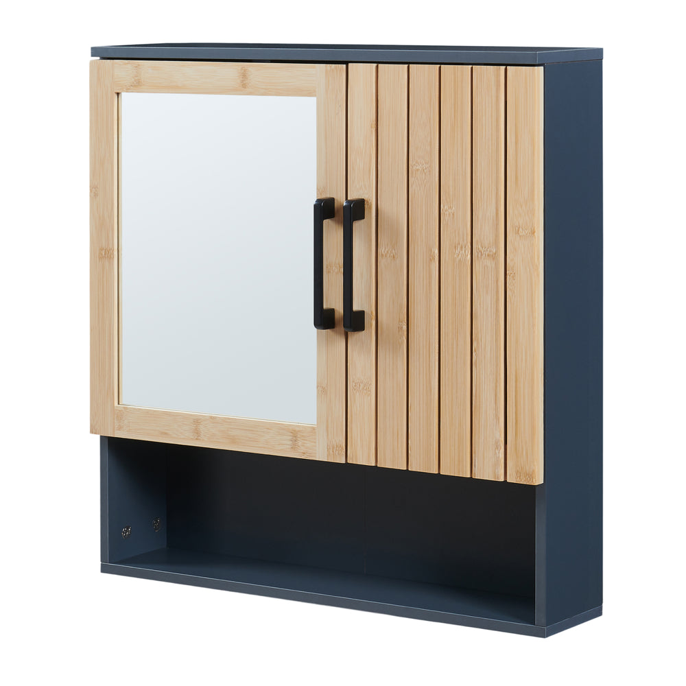 Dulap perete baie cu oglinda front din bambus si raft Svanes 58x56x13 cm gri inchis/natur [en.casa] 