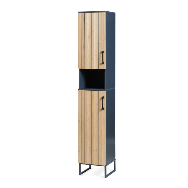 Dulap inalt baie cu front din bambus 2 usi si raft intermediar Svanes 170x30x30 cm gri inchis/natur [en.casa]
