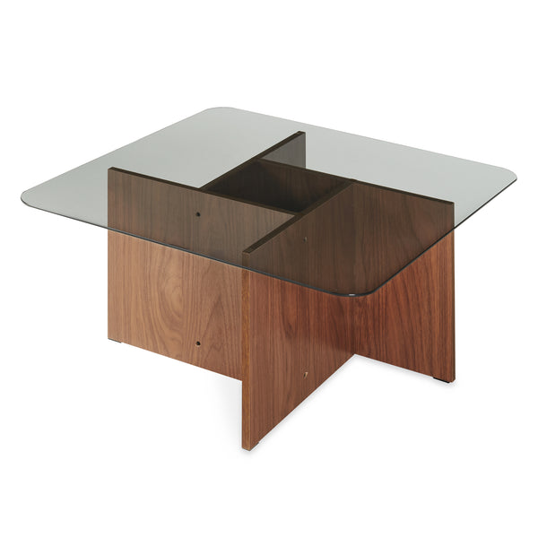 Masă de cafea Benexjö cu blat de sticlă 70x70x36 cm aspect nuc/gri [en.casa]