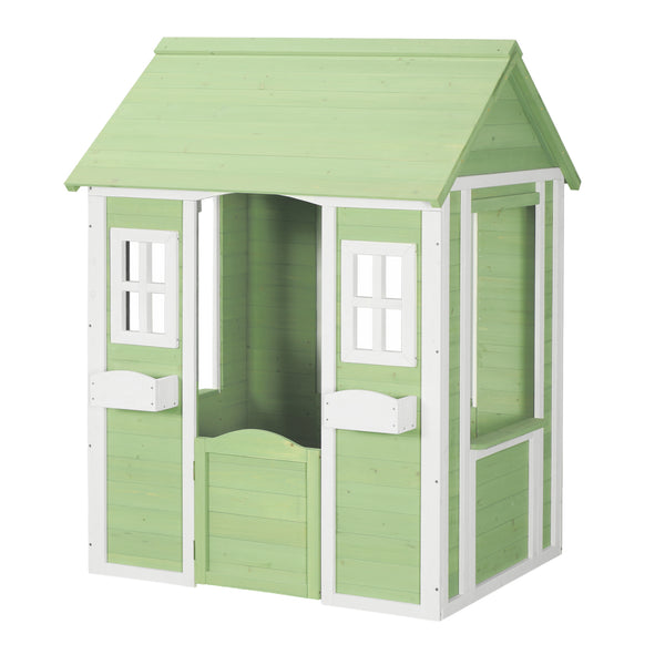 Casuta gradina joaca copii cu ferestre si ghivece pentru flori Kuoldsvin 144x107x90 cm verde/alb [en.casa]