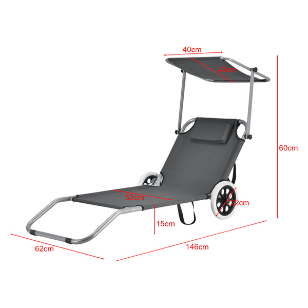 Set 2 bucati sezlong cu parasolar si roti Sonnenliege HTCB-1308 gri inchis [casa.pro]