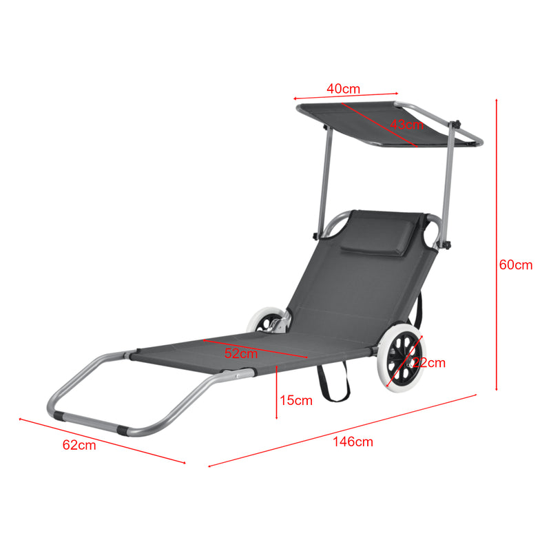 Schiță cotată Set 2 bucati sezlong cu parasolar si roti Sonnenliege HTCB-1308 gri inchis [casa.pro]