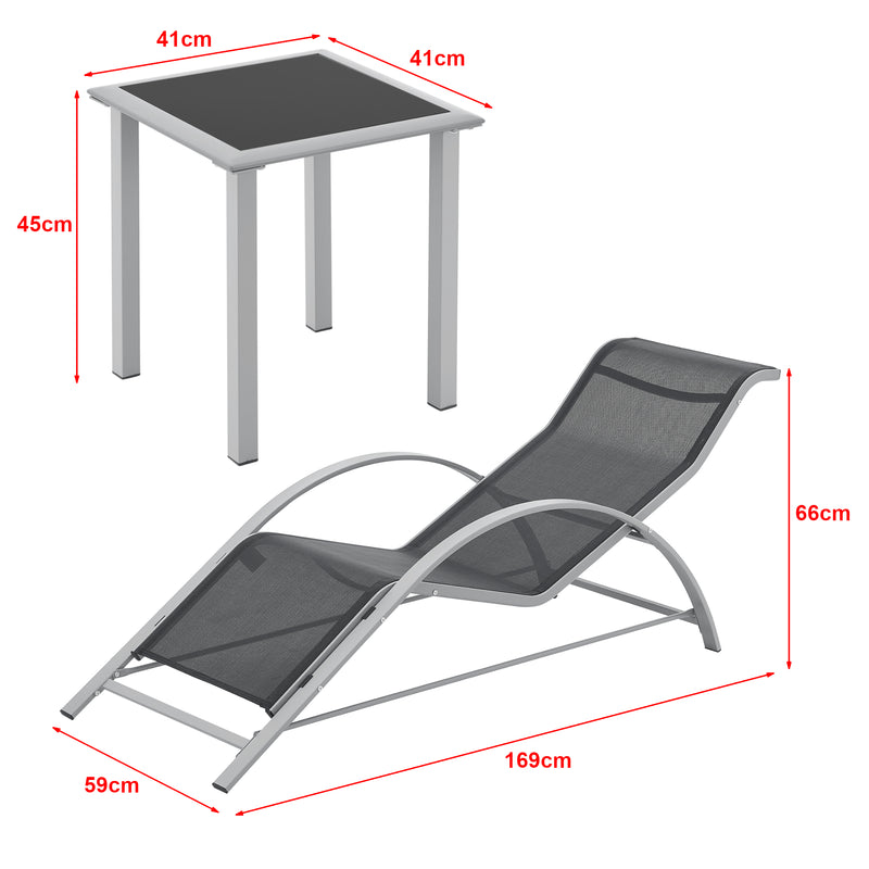 Schiță cotată Set mobilier gradina Binetto 2 sezlonguri 1 masa gri/negru [en.casa]