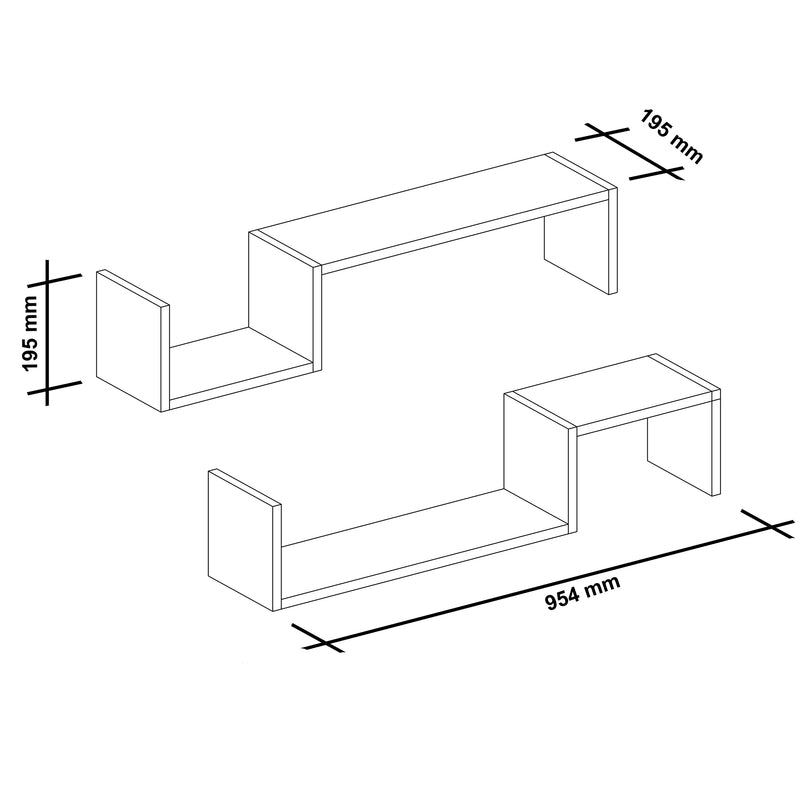 Schiță cotată Set 2 buc raft perete Gram 19,5x95,4x19,5cm pal alb [en.casa]