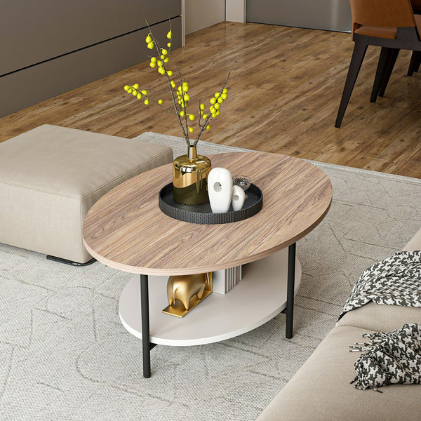 Masa de cafea Fredericia cu raft alb picioare negre si blat oval culoare stejar [en.casa]