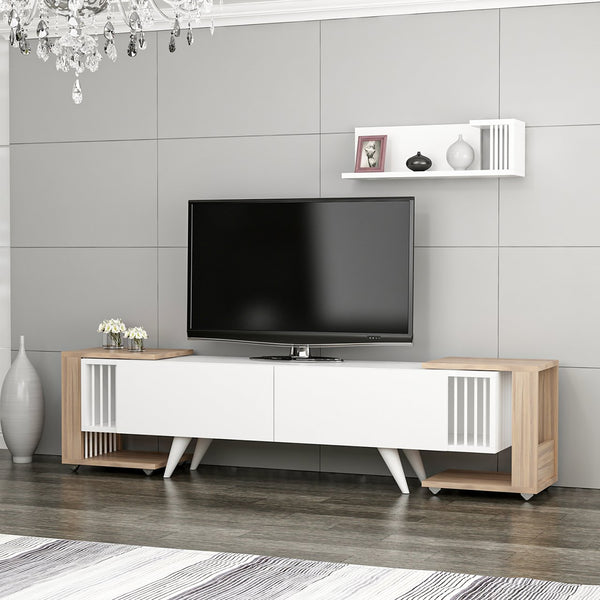 Set mobilier 4 componente suport TV cu raft si 2 mese laterale Glostrup alb stejar [en.casa]