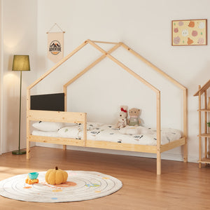 Pat casuta copii cu pat extensibil 200x90cm 100kg natur negru [en.casa]