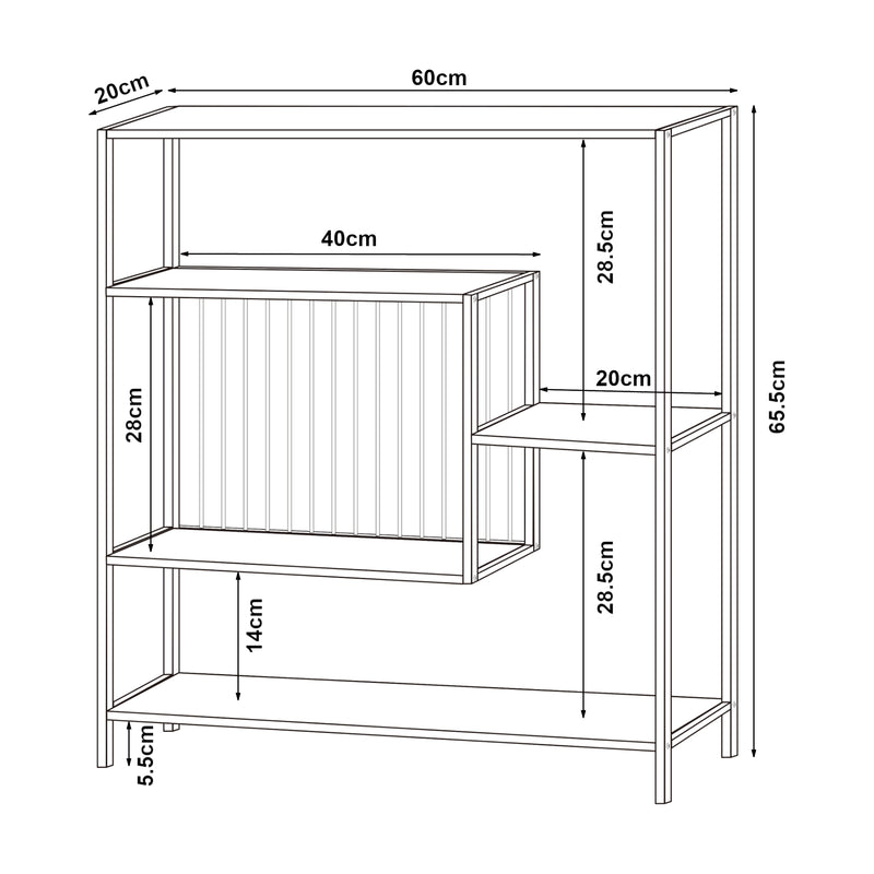 Schiță cotată Consola hol Beesel 65,5x60x20cm otel negru cu rafturi [en.casa]