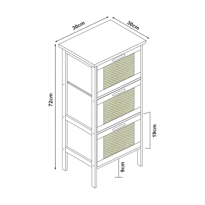 Schiță cotată Comoda cu 3 sertare Tervola 72x30x30cm MDF bambus plastic natur negru [en.casa]