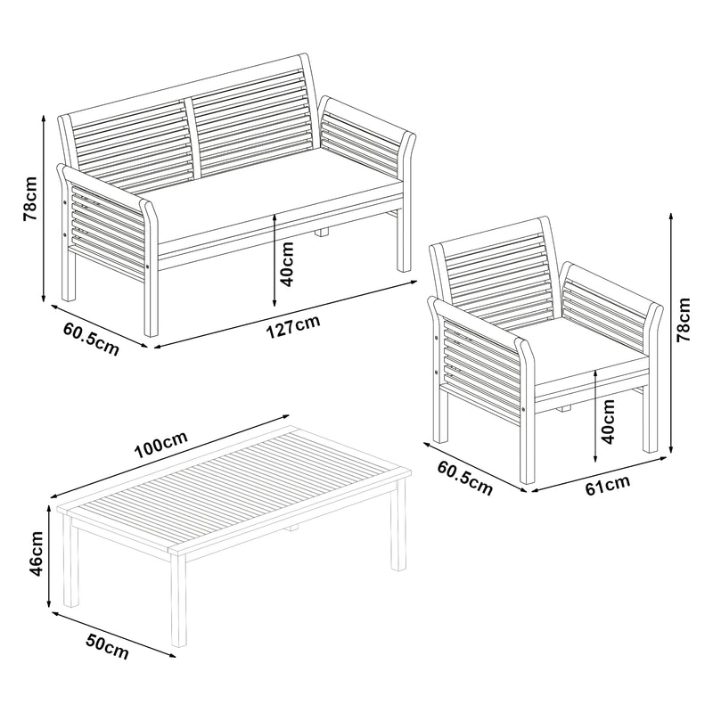 Schiță cotată Set 4 piese mobilier gradina Candela lemn salcam [casa.pro]