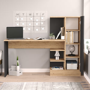 Birou cu dulap si rafturi Varhalo 120x152,5x40cm efect stejar antracit [en.casa]