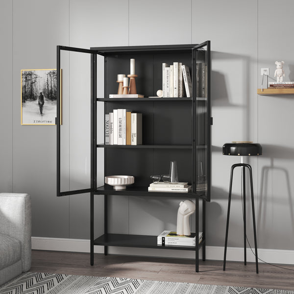 Vitrina Borshavisa 160x80x35 cm otel negru cu 2 usi si 1 raft [en.casa]