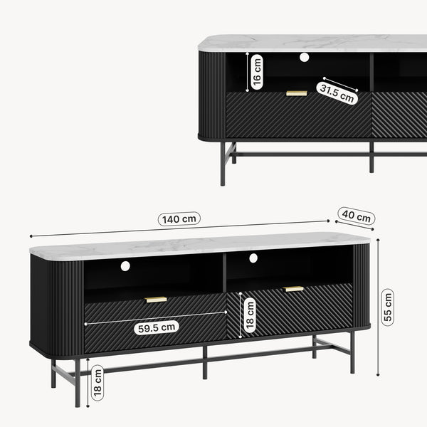 Comoda TV cu sertare si rafturi Olvehok 140x40x55 cm alb marmorat/negru [en.casa]