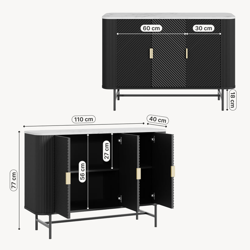 Schiță cotată Servanta cu 3 usi Olvehok 110x40x77 cm alb marmorat/negru [en.casa]
