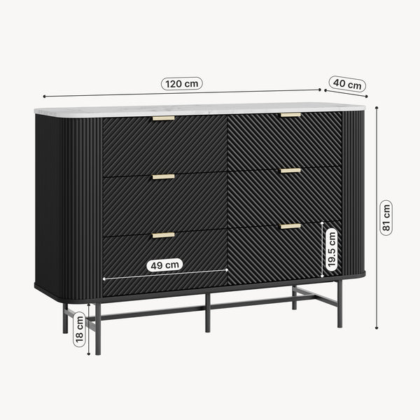 Comoda cu 6 sertare Olvehok 81x120x40 cm alb marmorat/negru [en.casa] 