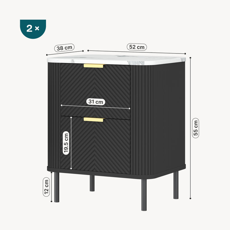 Schiță cotată Set 2 buc noptiera cu sertare Olvehok 55x52x38 cm albmarmorat/negru [en.casa]